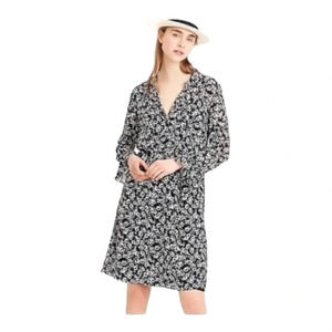 J. Crew Mercantile Black and White Floral Flowy Sheer Long Ruffle Sleeve…